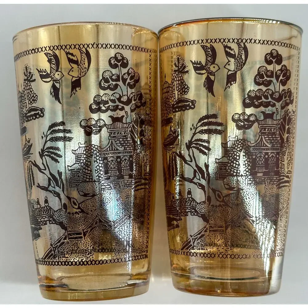 Vintage Marigold Iridescent Glasses 4 Juice 2 Water Pagoda Willow Luster MCM